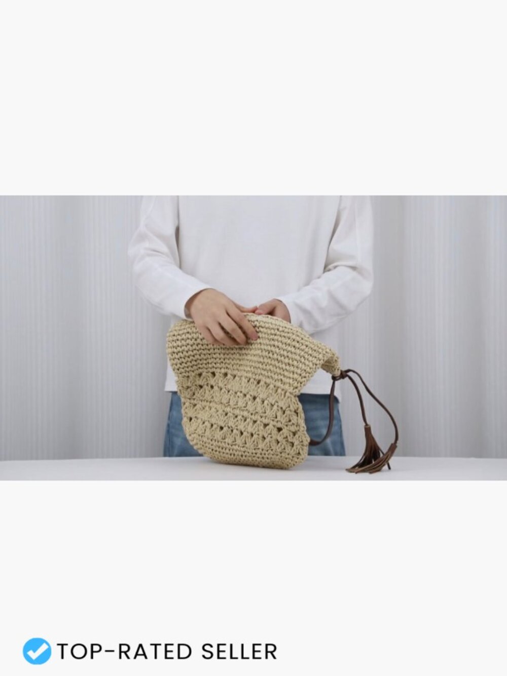 Straw Woven Tote Bag Summer Beach Crochet Hobo Shoulder Bag Handmade Vacation - Picture 7 of 7